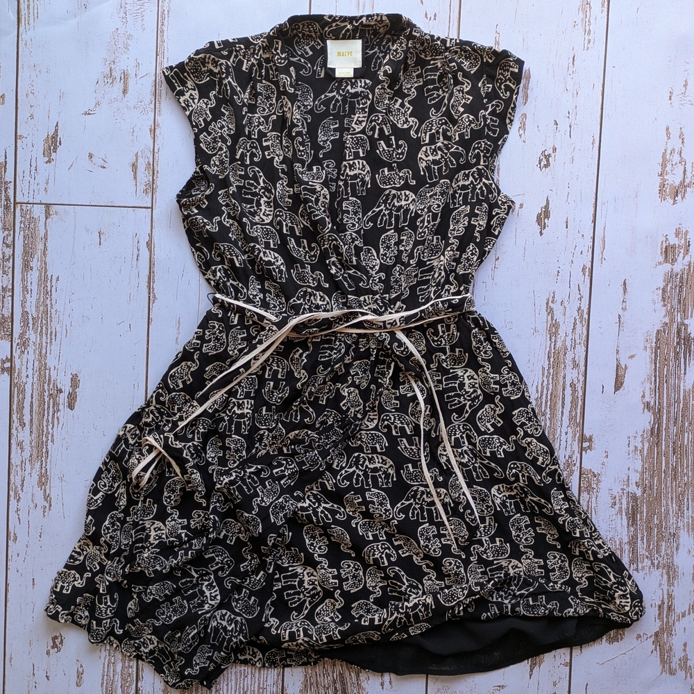Anthropologie Maeve Black and Cream Elephant Patterned Midi Dress Size Medium - Picture 6 of 12